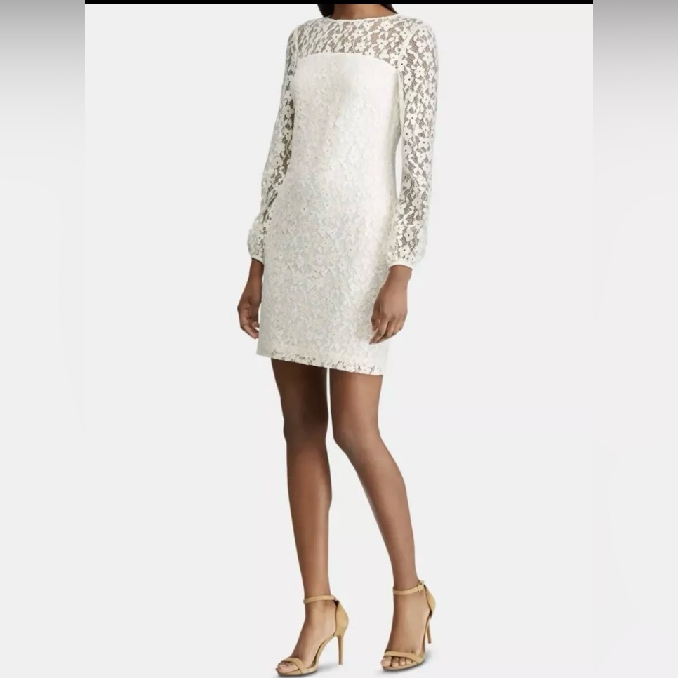 Lauren Ralph Lauren Cream/Peach Floral Lace Overlay Shift Dress. 8p